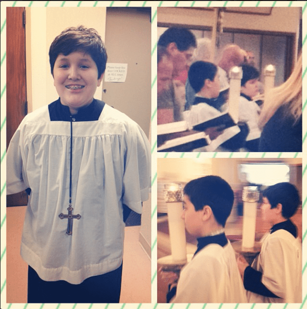 The day I forgot to take him to his class, I was on a momma high from this event: PROUD momma moment! Jonathan moved up to gold cross today, something typically reserved for 10th graders. He tells me he is the youngest to receive it - he's in 7th grade. At our parish, servers advance as they gain experience, starting with a wooden cross, then moving up to silver cross in middle school and gold cross in high school. The college-aged men wear a blue and red St. Benedict cross.