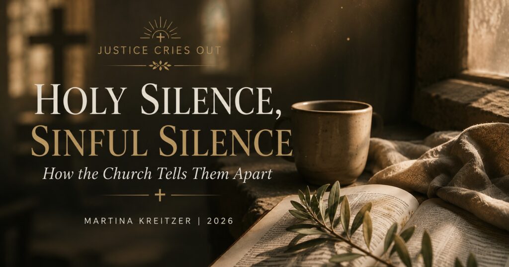 Holy Silence Sinful Silence featured image with open Bible, church window light, and Justice Cries Out Catholic series branding