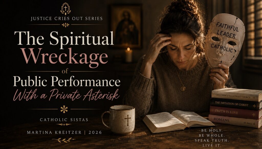 Catholic woman holding a fractured public persona mask in warm cathedral light for Justice Cries Out series post The Spiritual Wreckage of Public Performance With a Private Asterisk