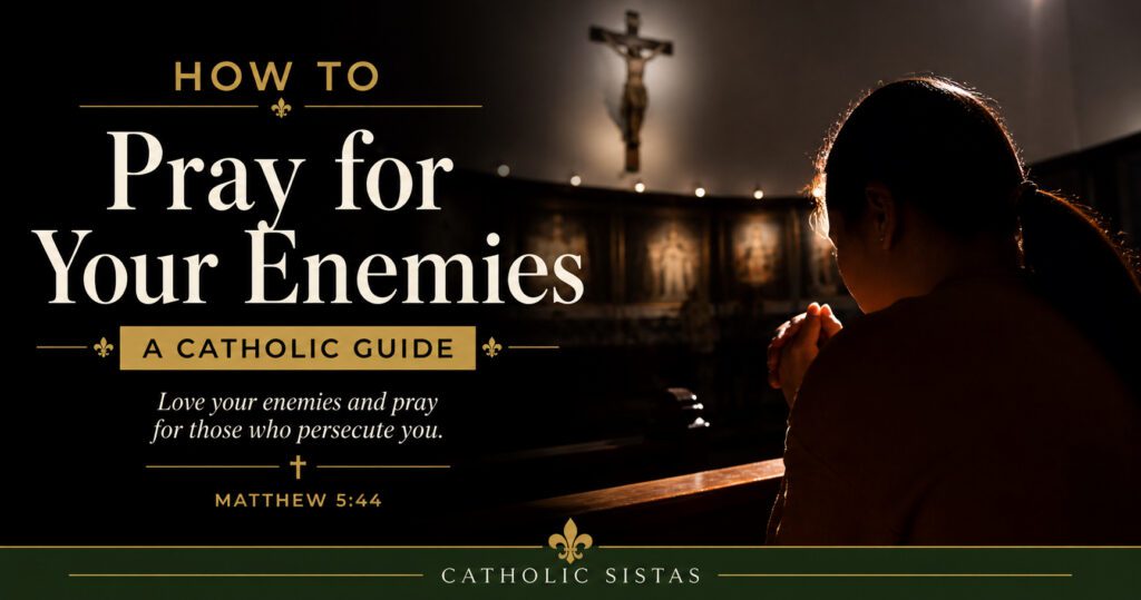 Catholic woman praying in a dimly lit church before a crucifix – how to pray for your enemies